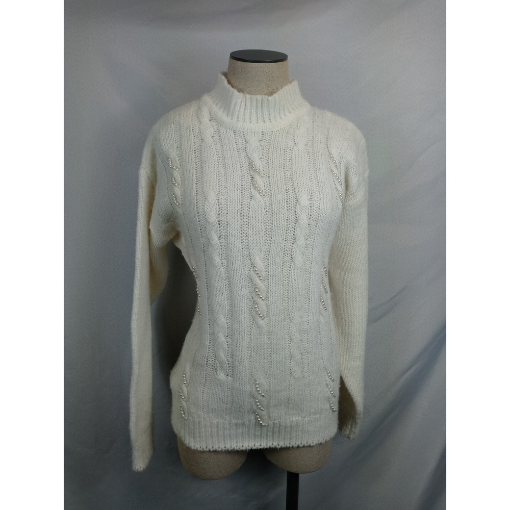 Donagain Vintage 90s Acrylic Pearls Embroidered Sweater White Sz Medium Mock Nec
